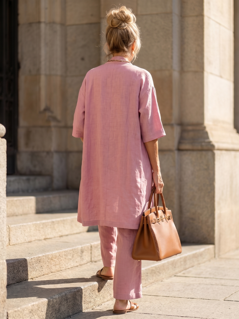 Yael duster, shell top and wide-leg trouser three-piece set — detail view