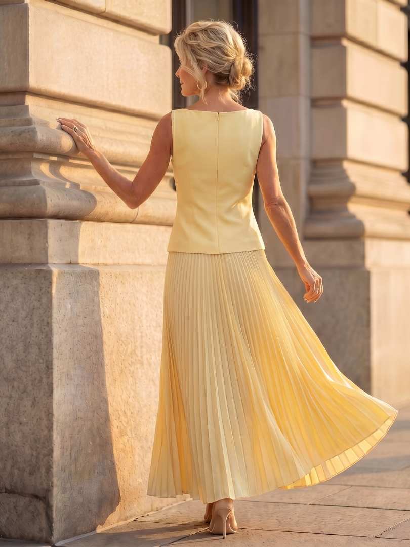 Rhodes boat-neck shell top and pleated maxi skirt two-piece set — detail view