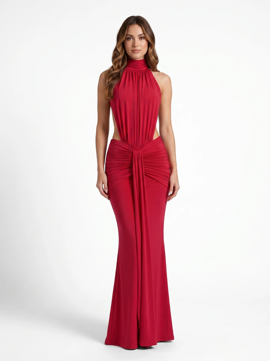 Harper halter neck side-cutout ruched maxi dress — back view