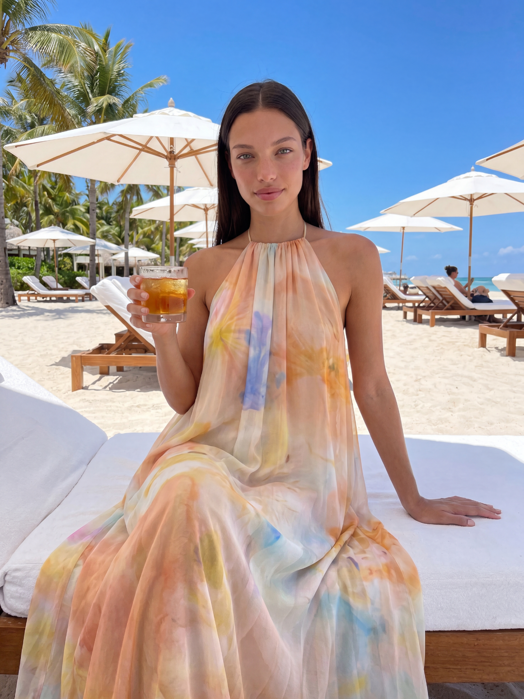 Delphi printed halter backless maxi dress in orange — side view