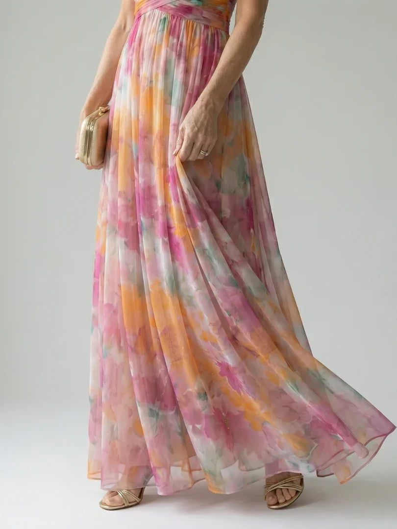 Isel watercolour floral ruched wrap maxi dress — detail view