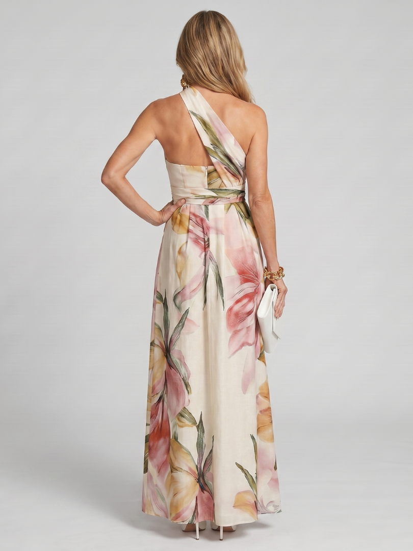 Hester watercolour floral halterneck maxi dress with sash — detail view