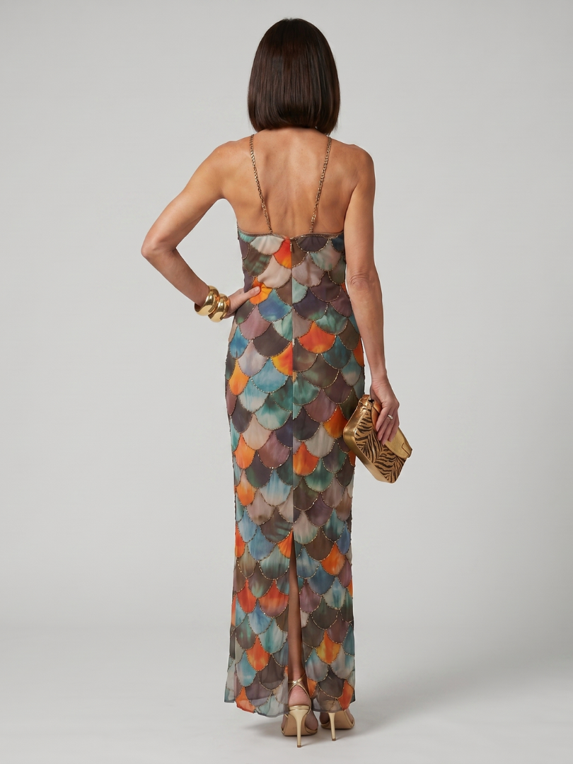 Larkin mosaic print halterneck column maxi dress — detail view