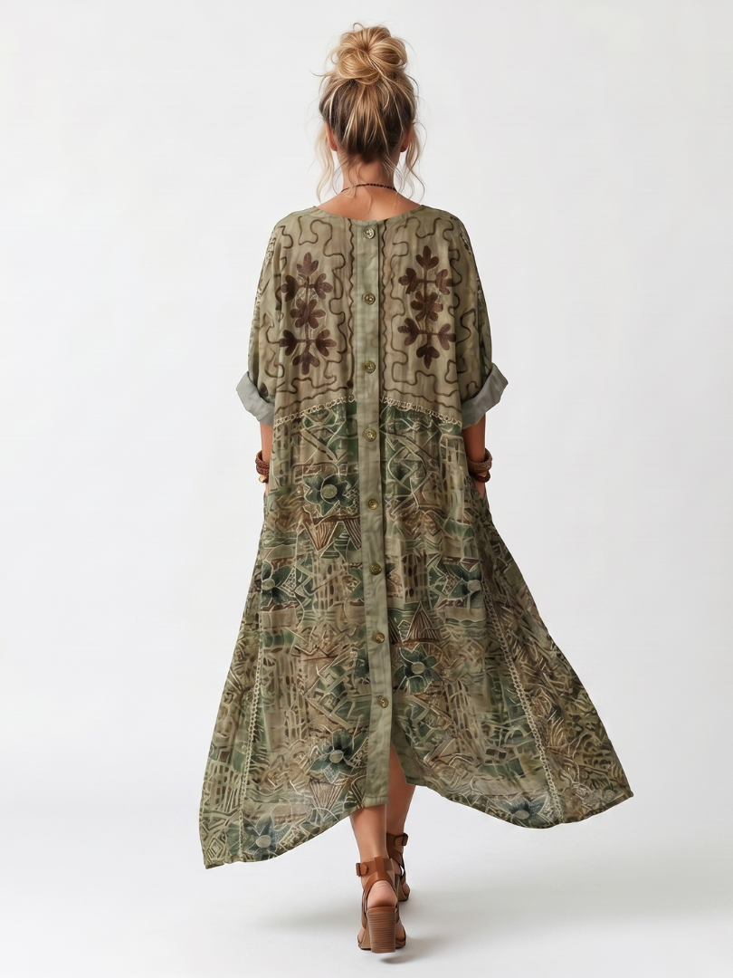Aleta embroidered button-front kaftan maxi dress — detail view