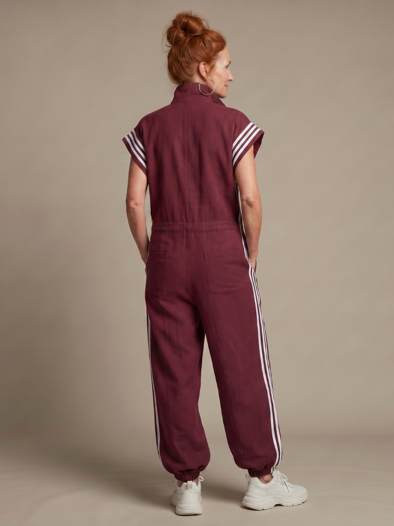 Linnet contrast-stripe zip-front utility jumpsuit — detail view
