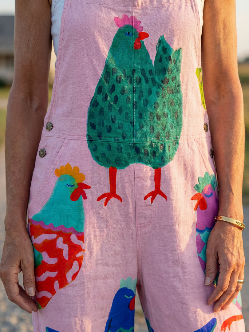 Sanna hen print bib-front dungarees — detail view