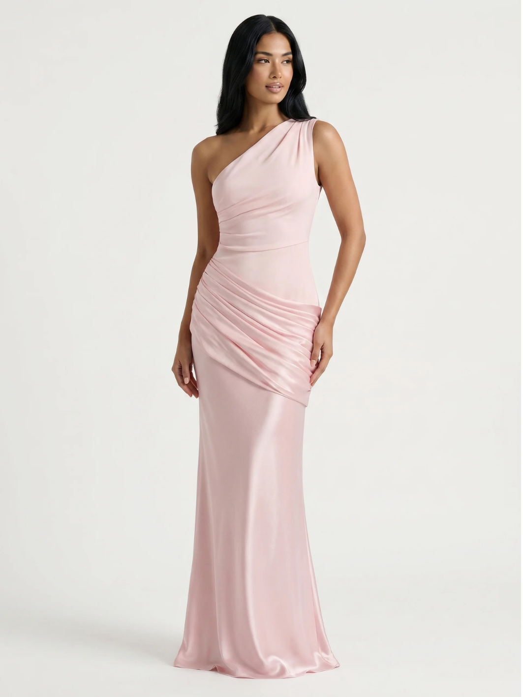 Una one-shoulder draped satin-finish column maxi dress in Yellow — front view