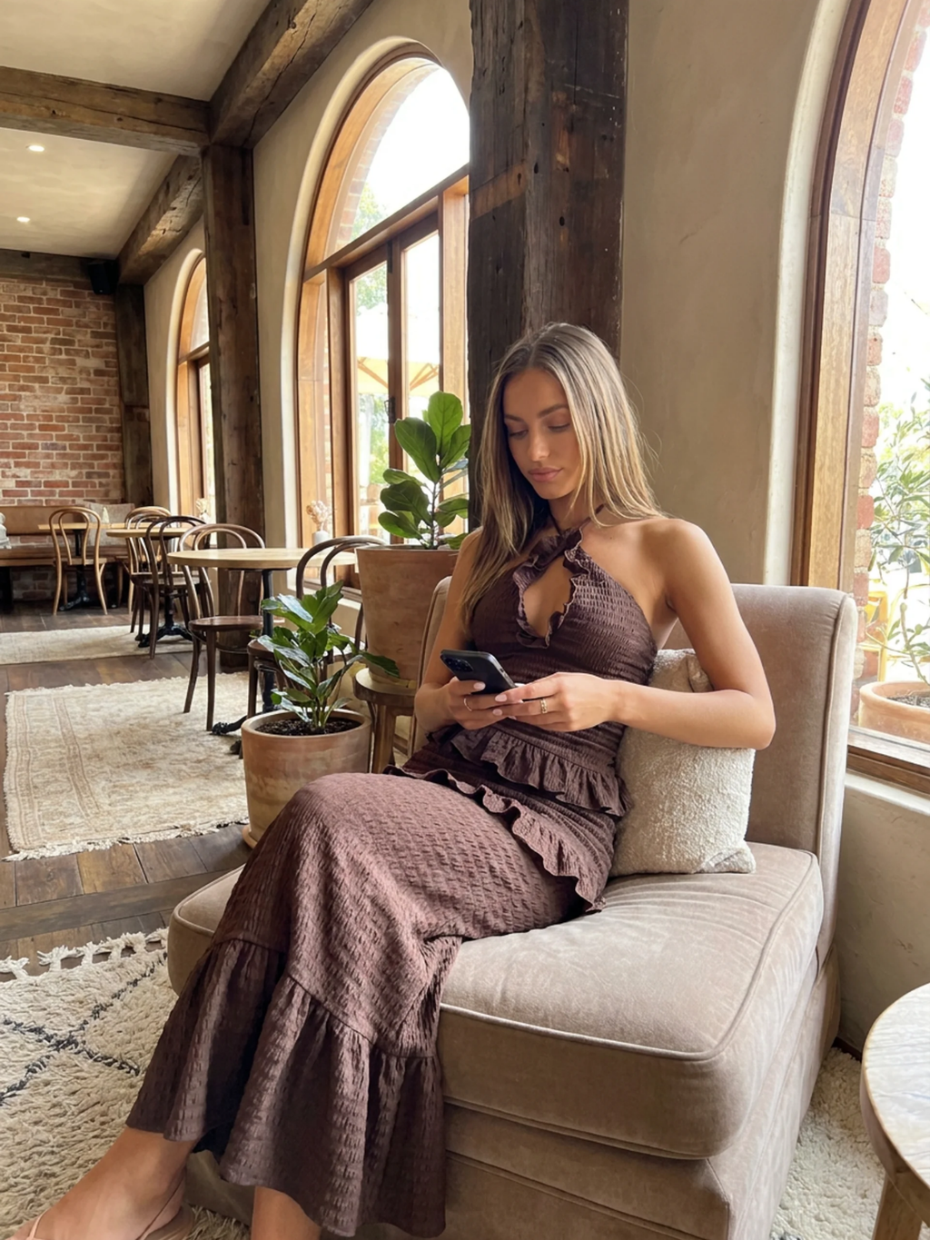 Romy halter keyhole smocked frill-trim maxi dress — detail view