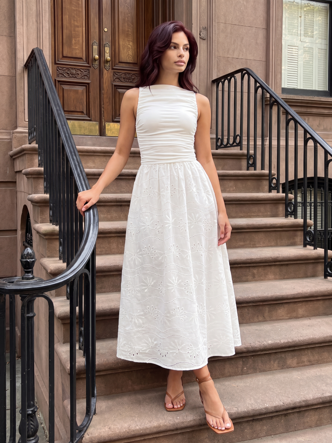 Leni eyelet maxi dress in white — full-length view