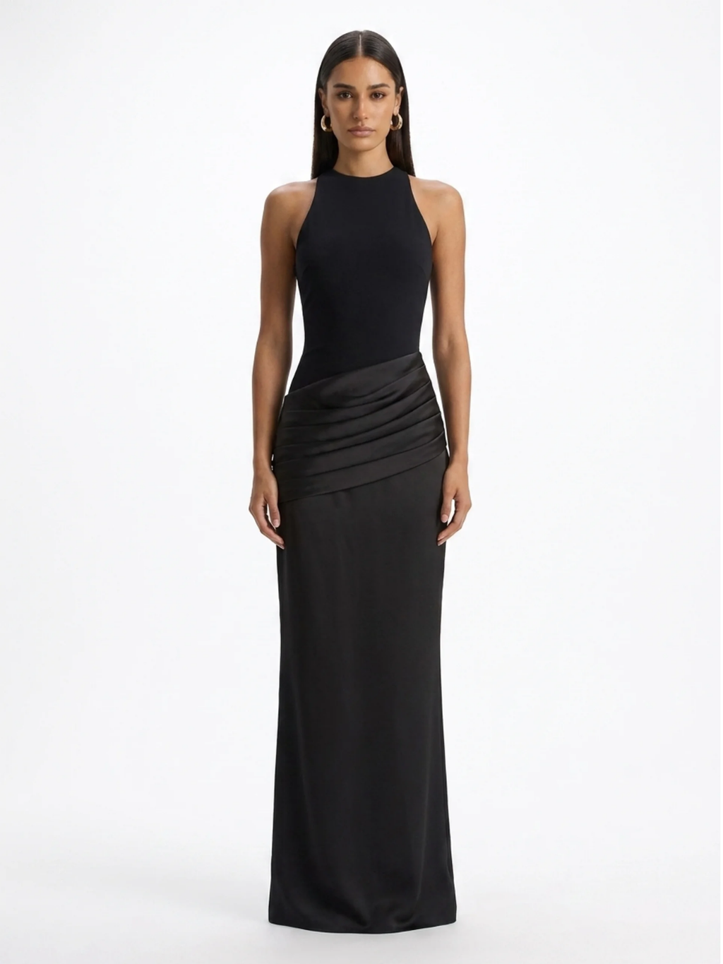 Mimi crew-neck maxi dress with satin skirt in Black — front view