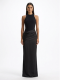 Mimi crew-neck maxi dress with satin skirt in Black — front view