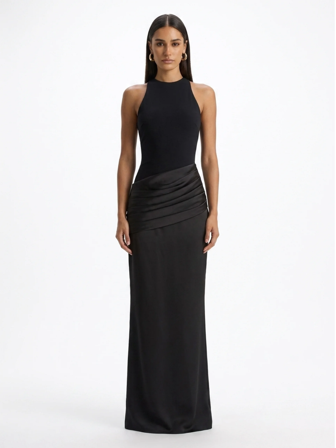 Mimi crew-neck maxi dress with satin skirt in Black — front view