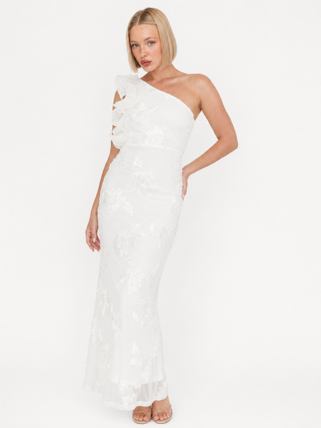Elke one-shoulder ruffle maxi dress with floral texture in white — front view