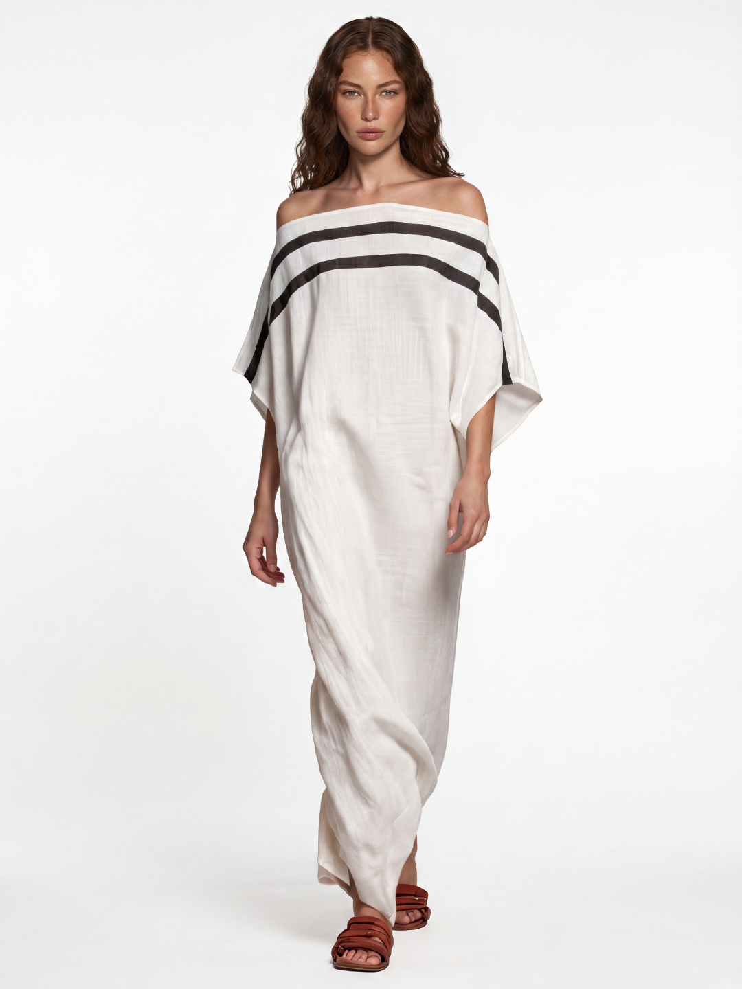 Cora striped off-shoulder kaftan maxi dress in white — front view