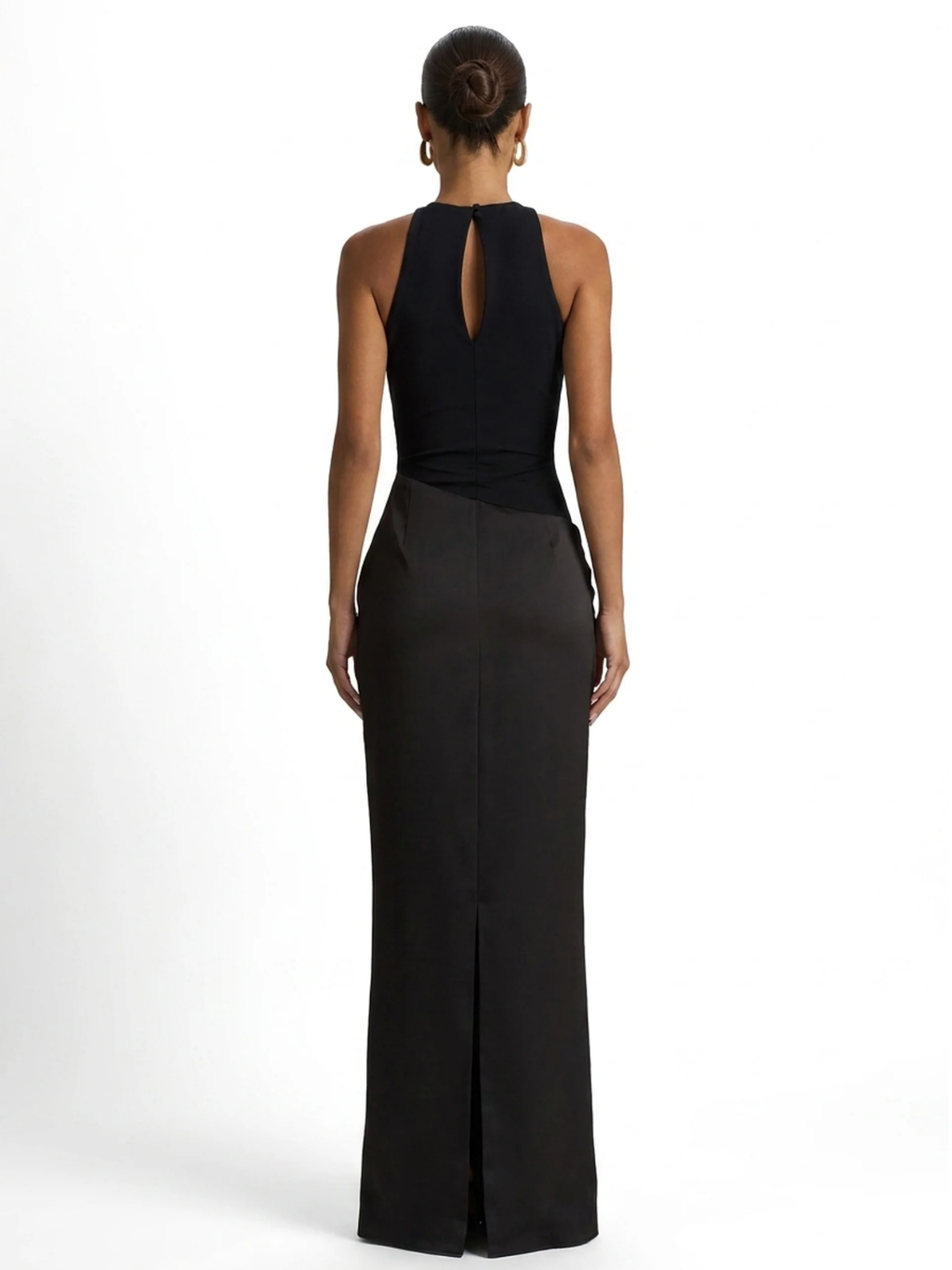 Mimi crew-neck maxi dress with satin skirt in Black — back view