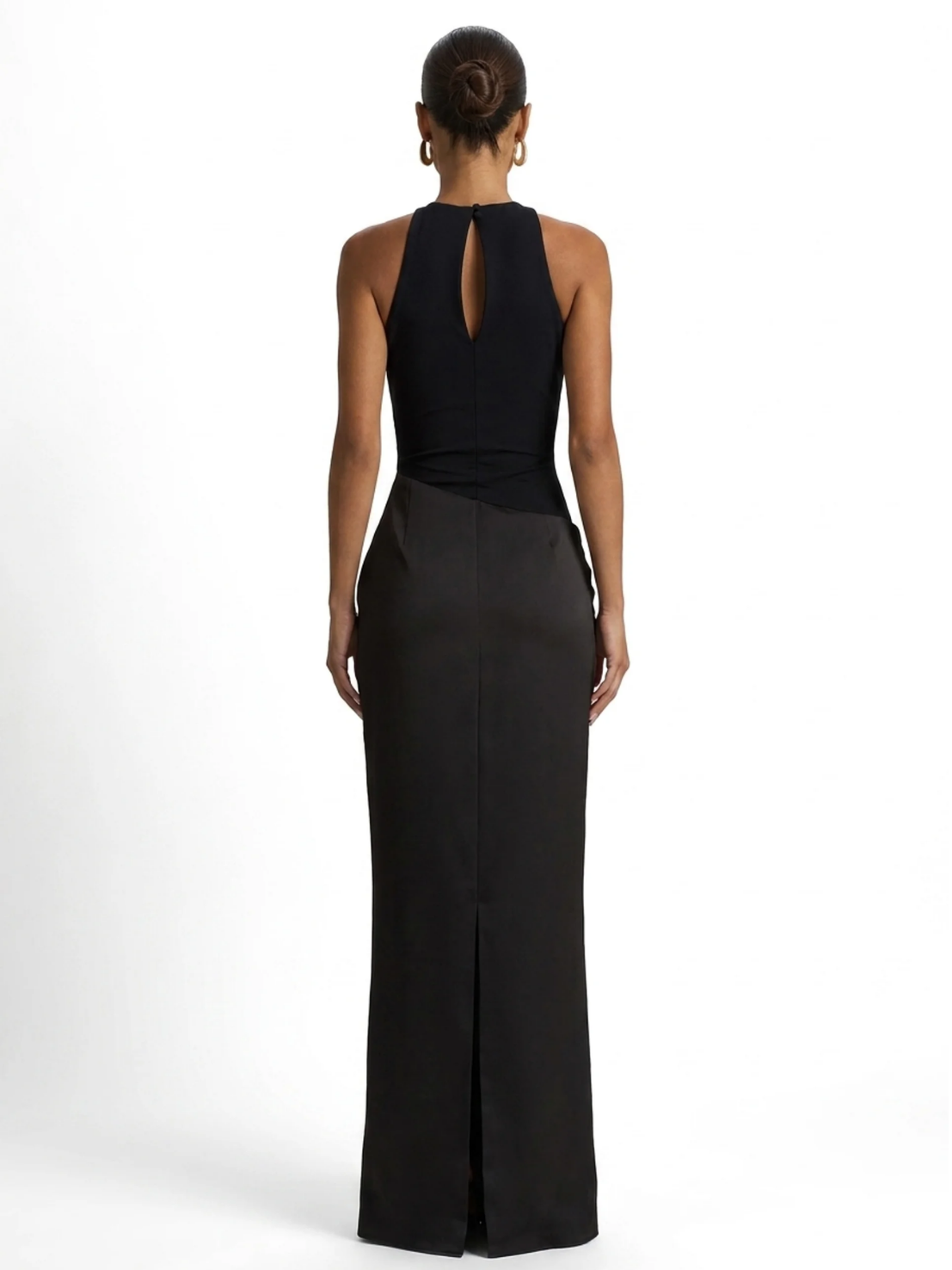 Mimi crew-neck maxi dress with satin skirt in Black — back view