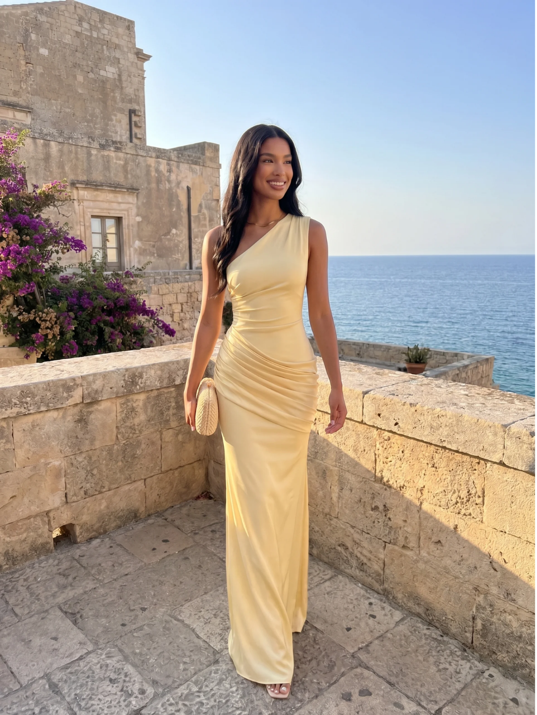 Una one-shoulder draped satin-finish column maxi dress in Yellow — detail view