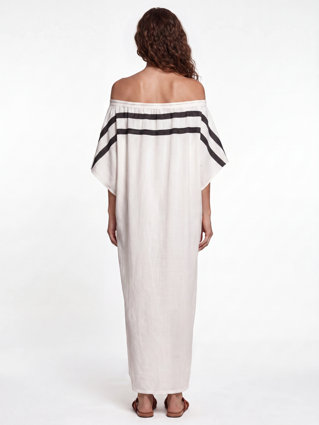 Cora striped off-shoulder kaftan maxi dress in white — back view