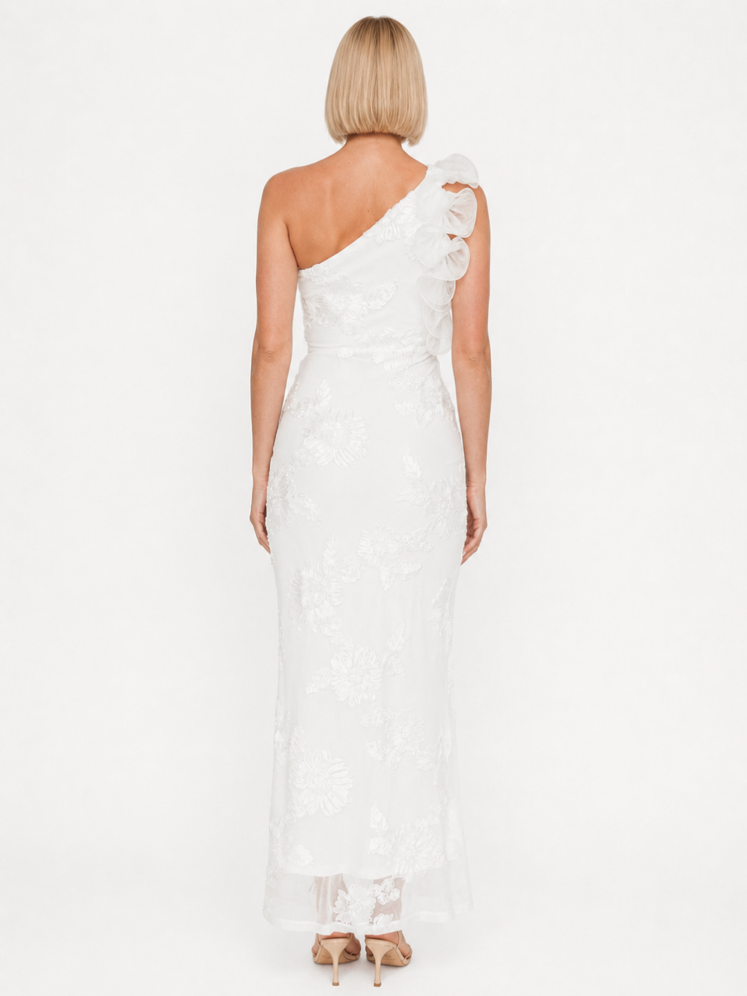 Elke one-shoulder ruffle maxi dress with floral texture in white — back view