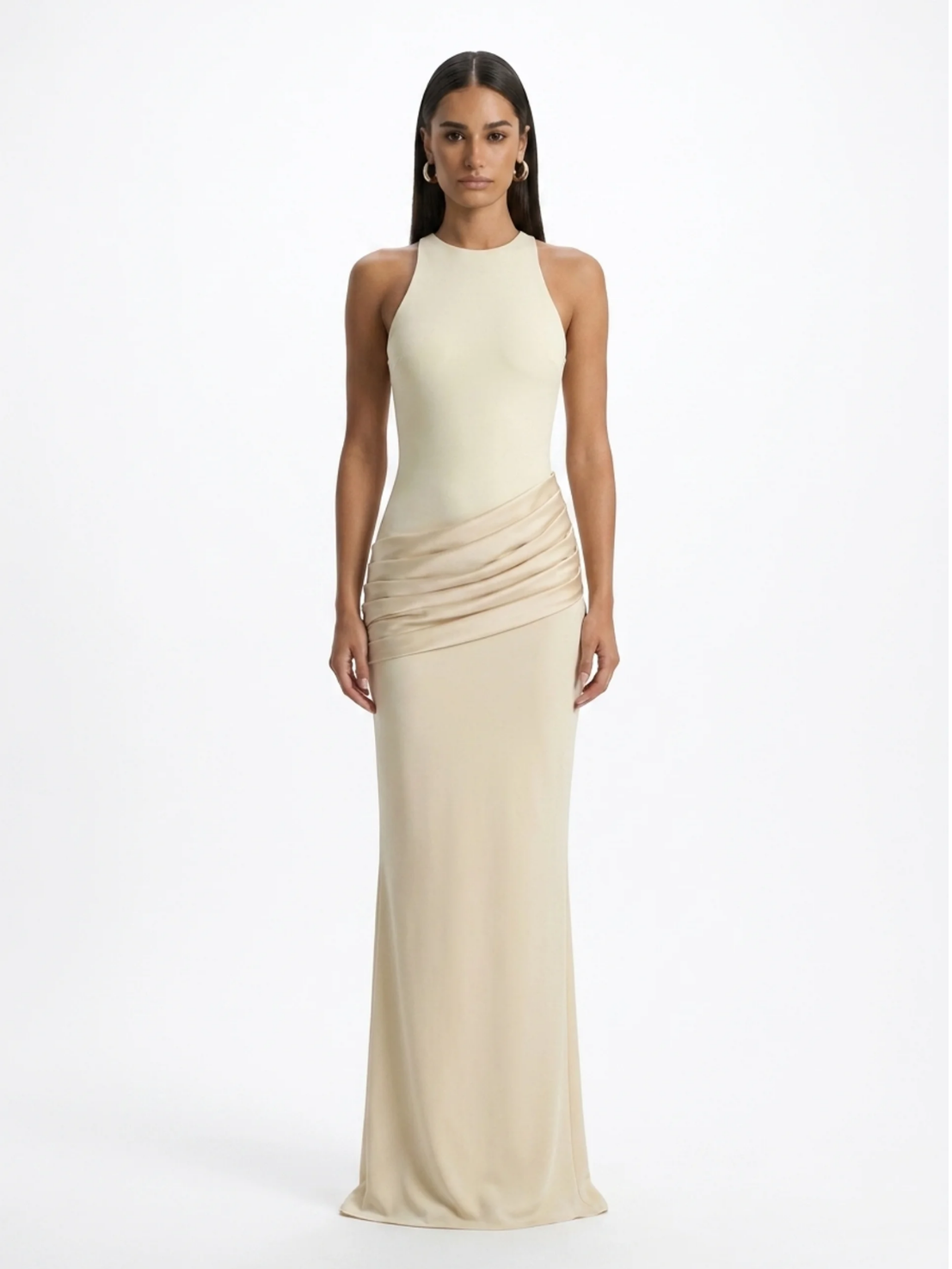 Mimi crew-neck maxi dress with satin skirt in Black — detail view
