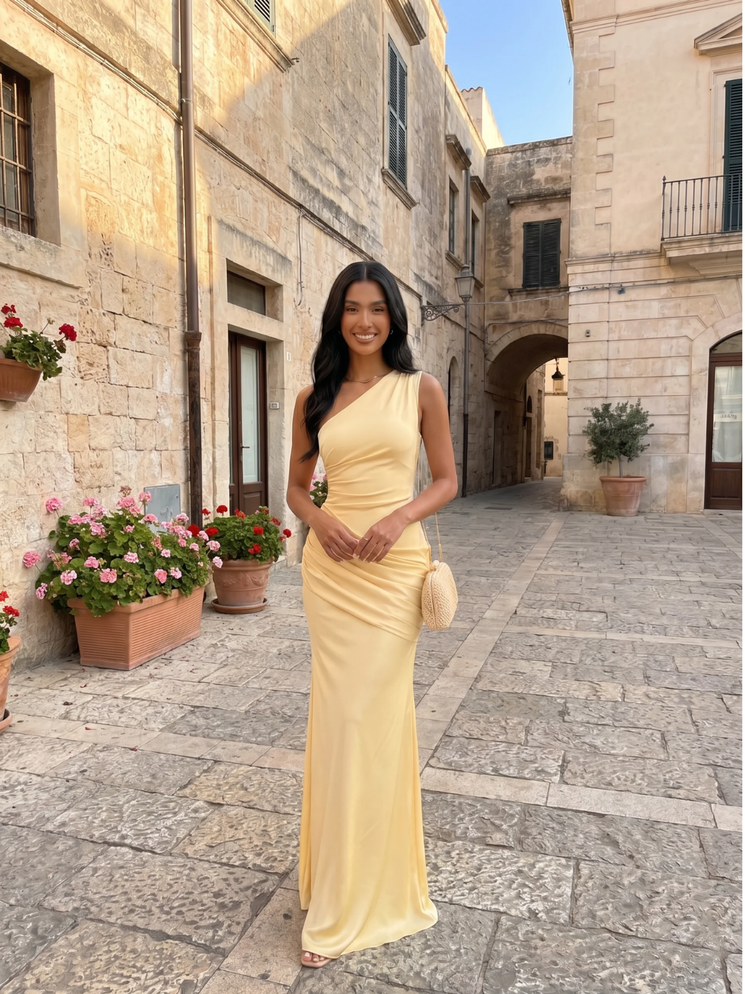 Una one-shoulder draped satin-finish column maxi dress in Yellow — front view