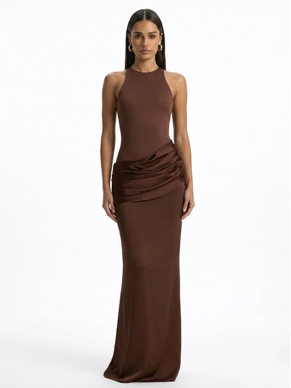 Mimi crew-neck maxi dress with satin skirt in Black — back view