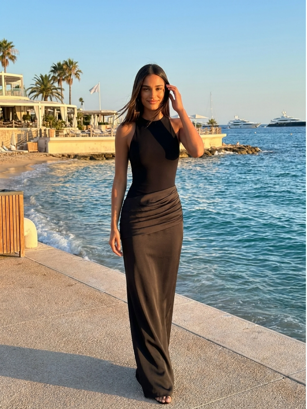 Mimi crew-neck maxi dress with satin skirt in Black — front view