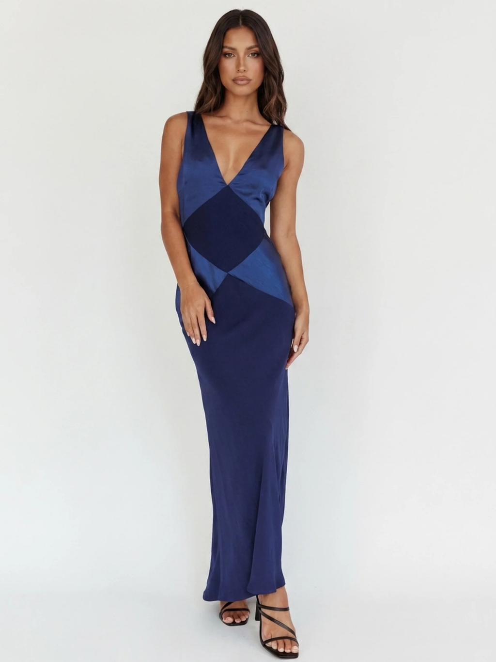 Dara contrast panel satin-finish maxi dress in navy blue — front view