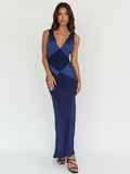 Dara contrast panel satin-finish maxi dress in navy blue — front view