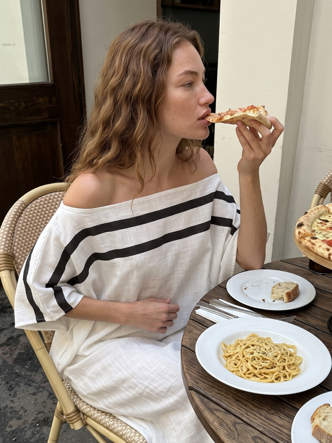 Cora striped off-shoulder kaftan maxi dress in white — full-length view