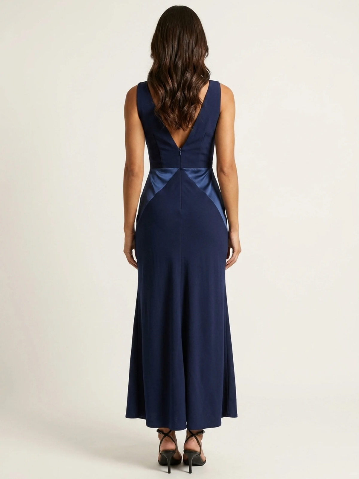 Dara contrast panel satin-finish maxi dress in navy blue — back view