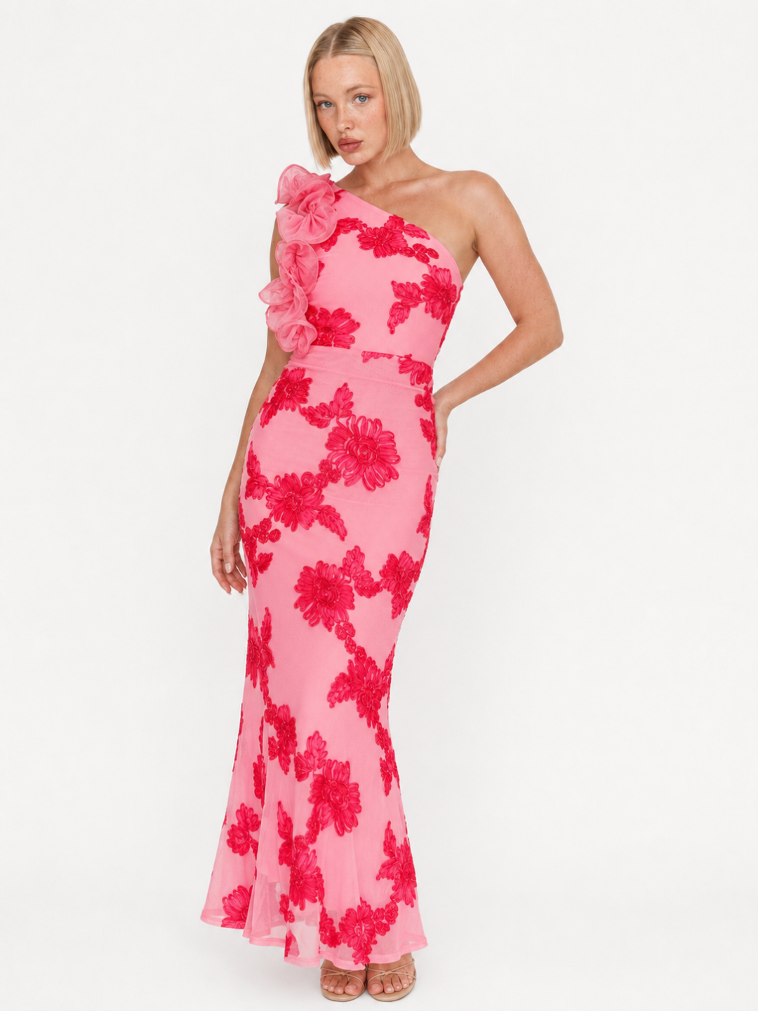 Elke one-shoulder ruffle maxi dress with floral texture in red — front view