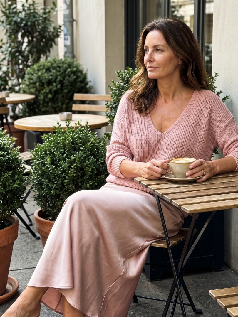 Luciana ribbed knit sweater and bias slip skirt two-piece set — styled view
