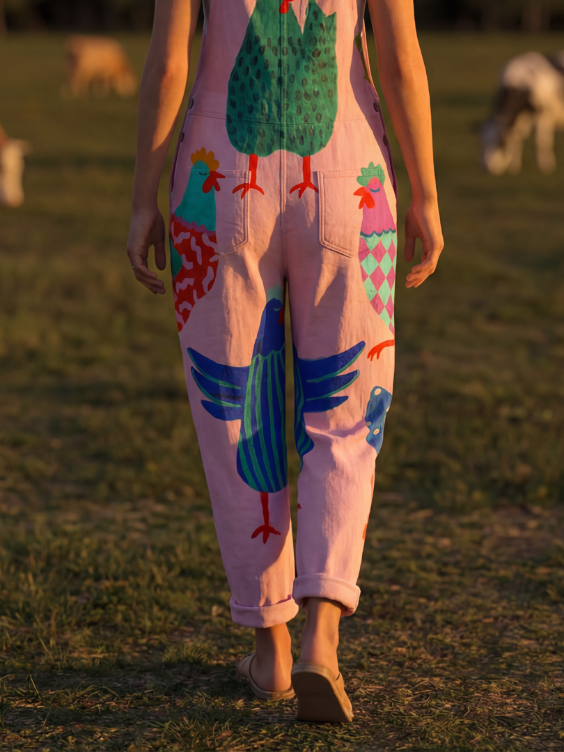 Sanna hen print bib-front dungarees — styled view