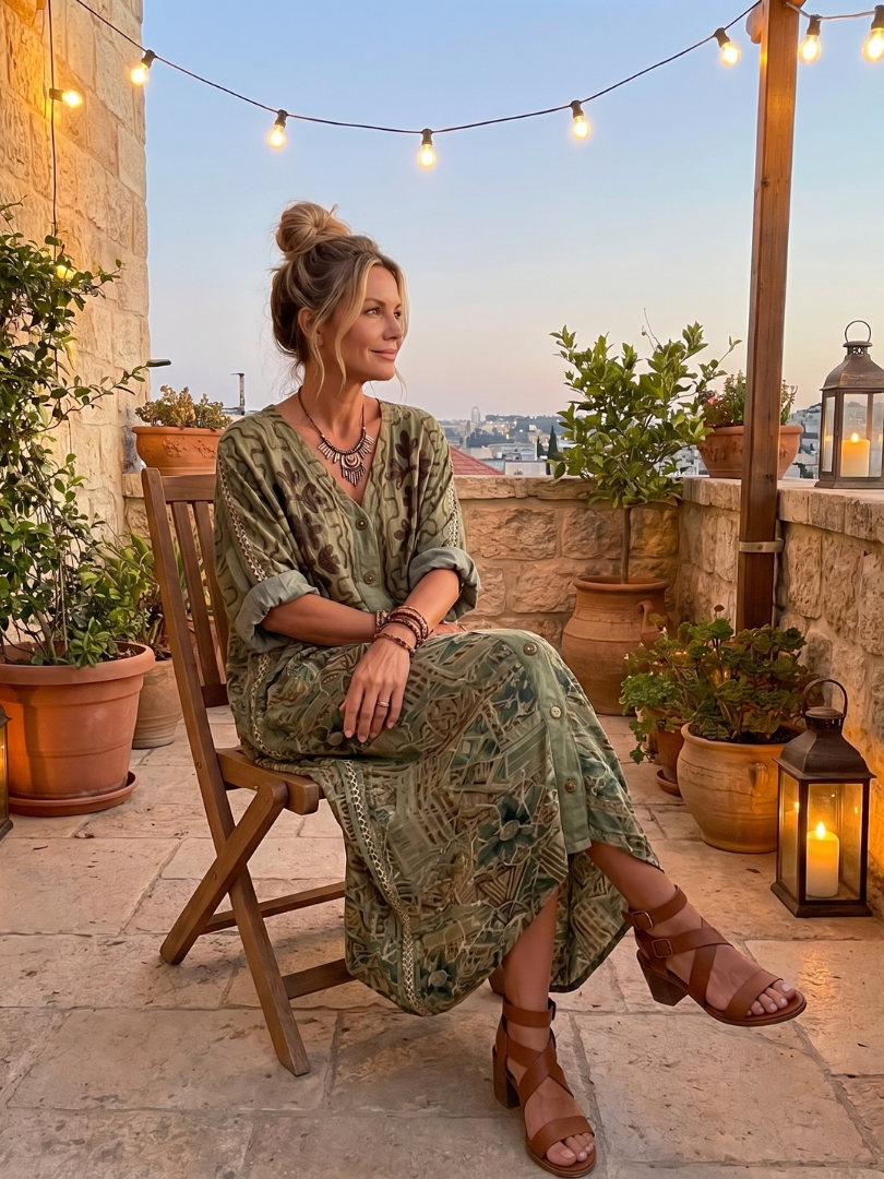 Aleta embroidered button-front kaftan maxi dress — styled view