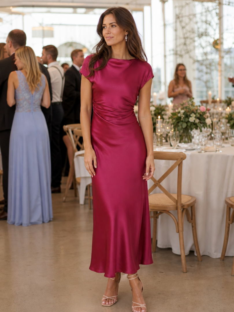 Elure boat-neck side-ruched satin-finish midi dress — styled view