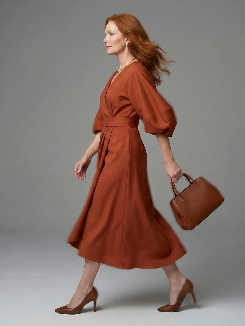 Beryl balloon-sleeve sculpted-waist wrap midi dress — styled view