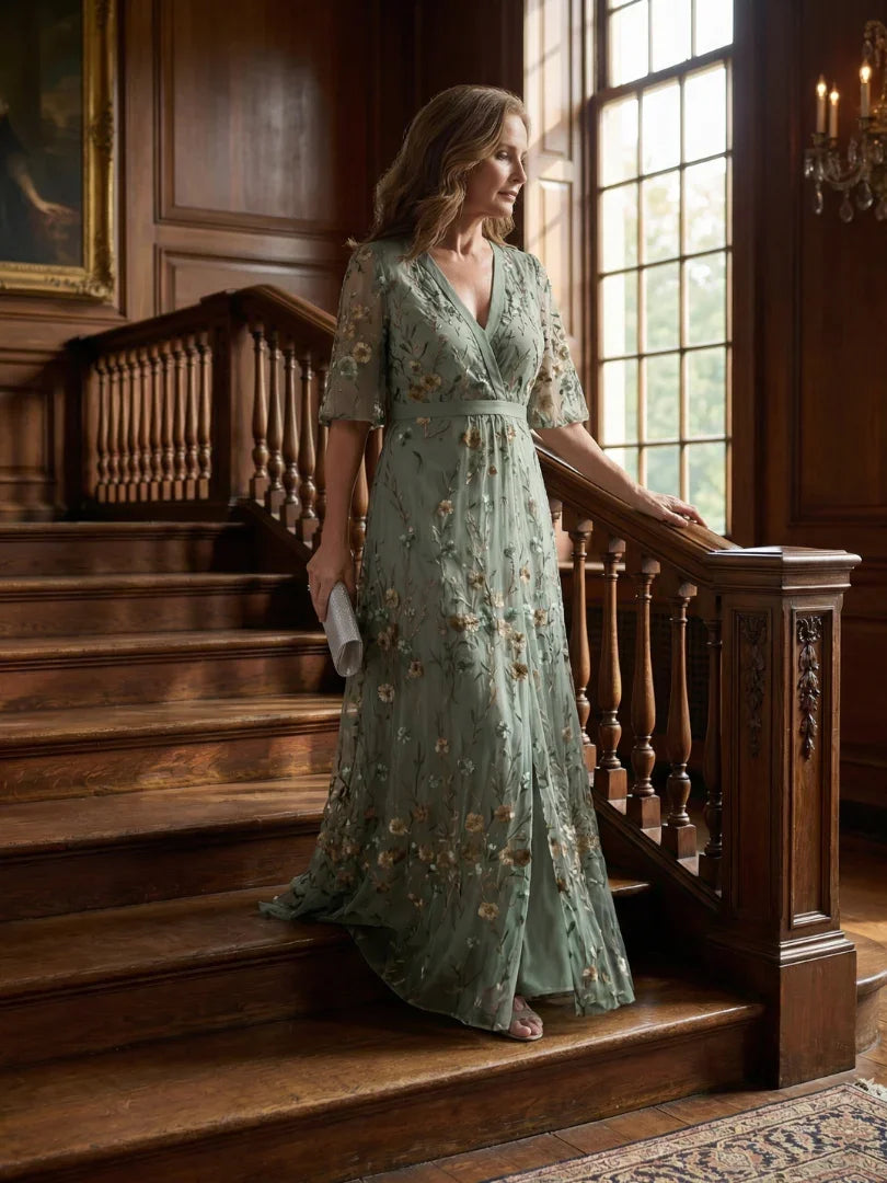 Selora embroidered v-neck flutter-sleeve maxi dress — styled view