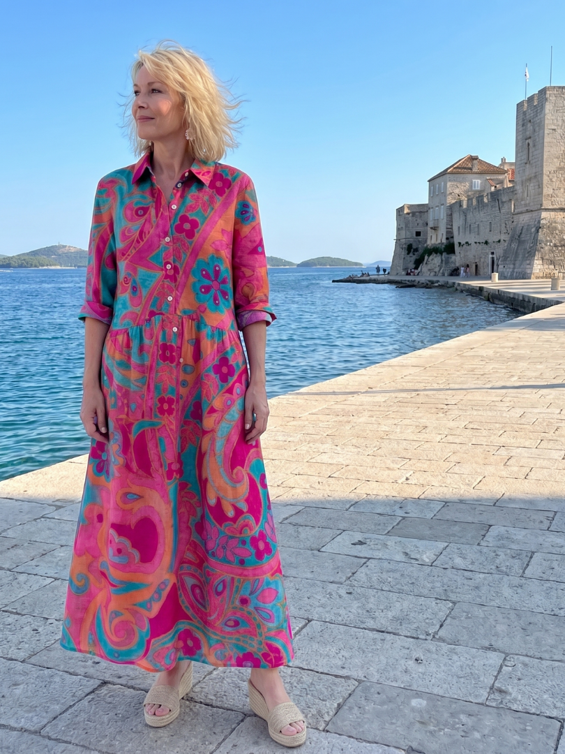 Klera abstract floral button-front kaftan maxi dress — styled view