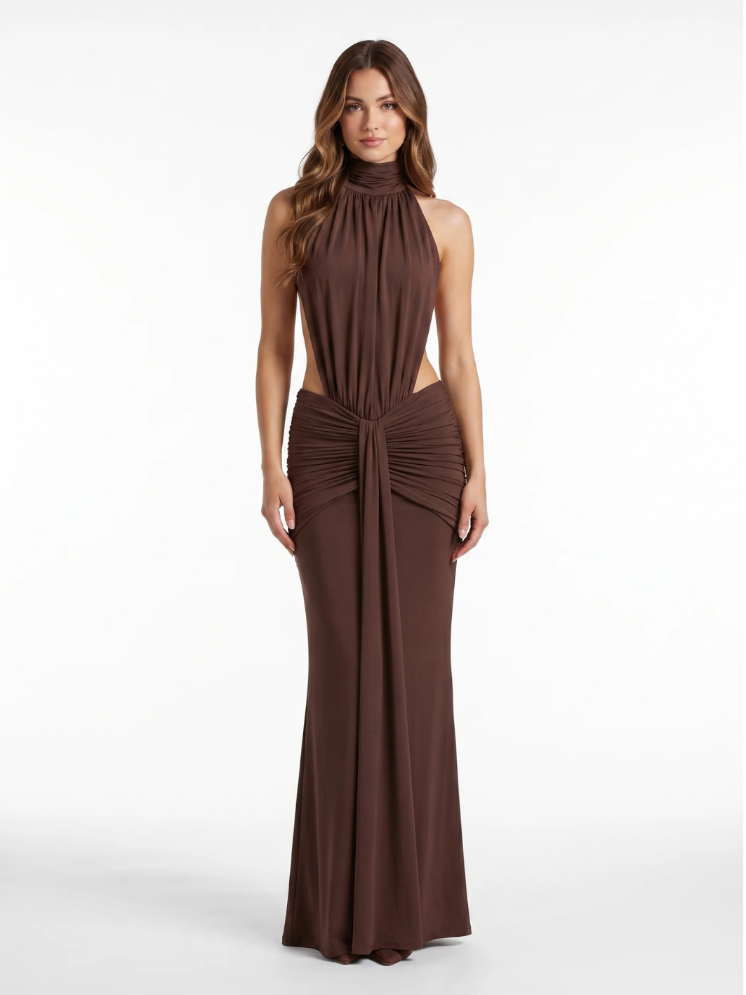 Harper halter neck side-cutout ruched maxi dress — detail view