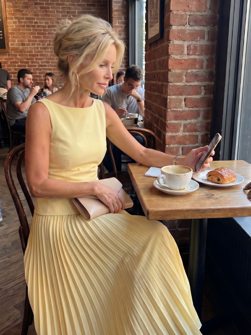 Rhodes boat-neck shell top and pleated maxi skirt two-piece set — full-length view