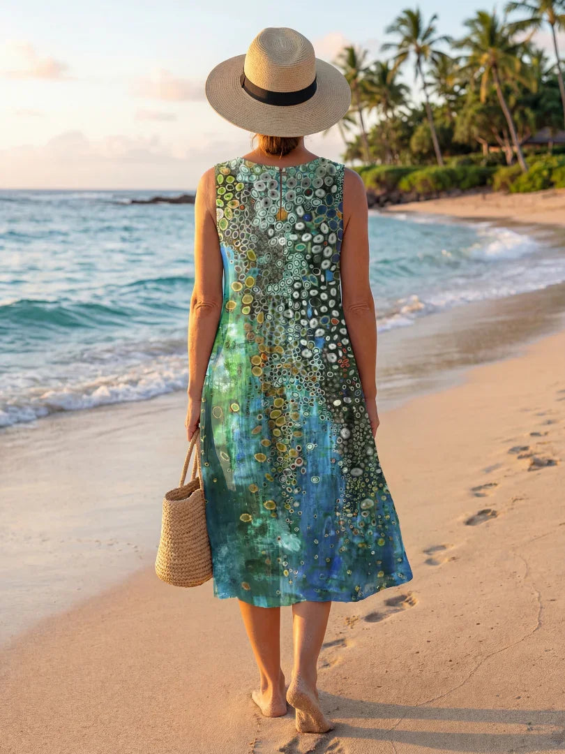 Moana mosaic print cocoon midi dress — styled view