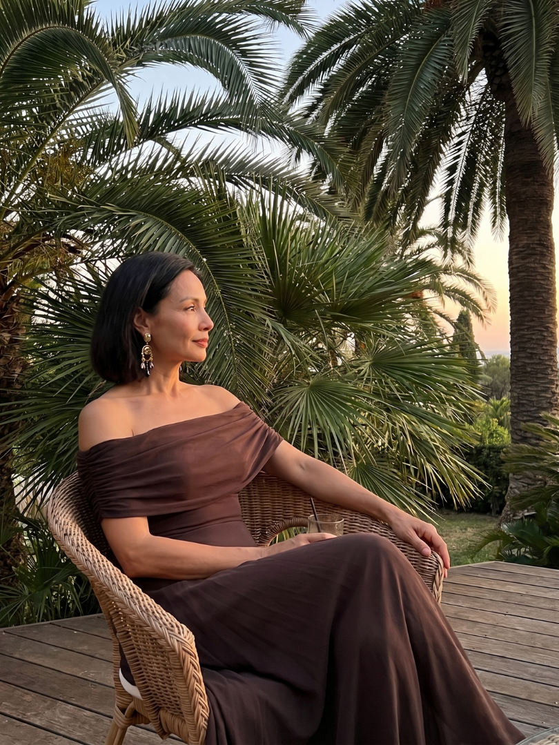 June off-shoulder draped-band maxi dress — side view
