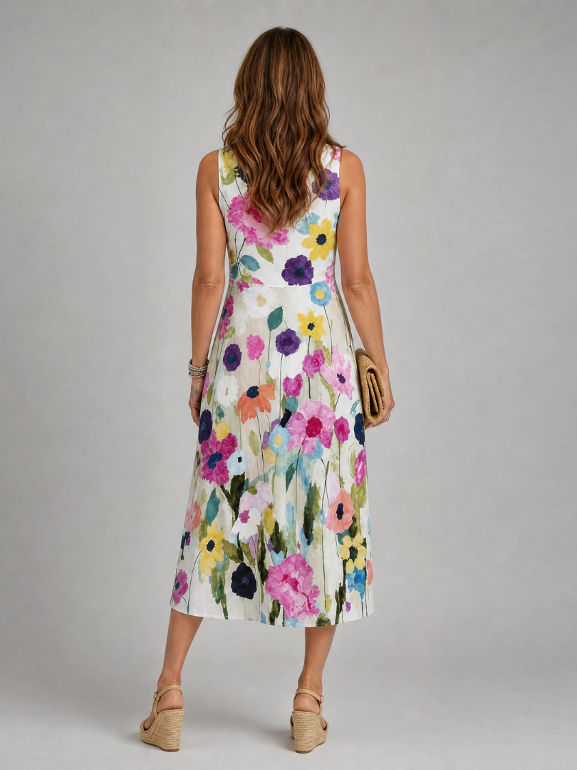 Flory watercolour floral pleated midi dress — styled view