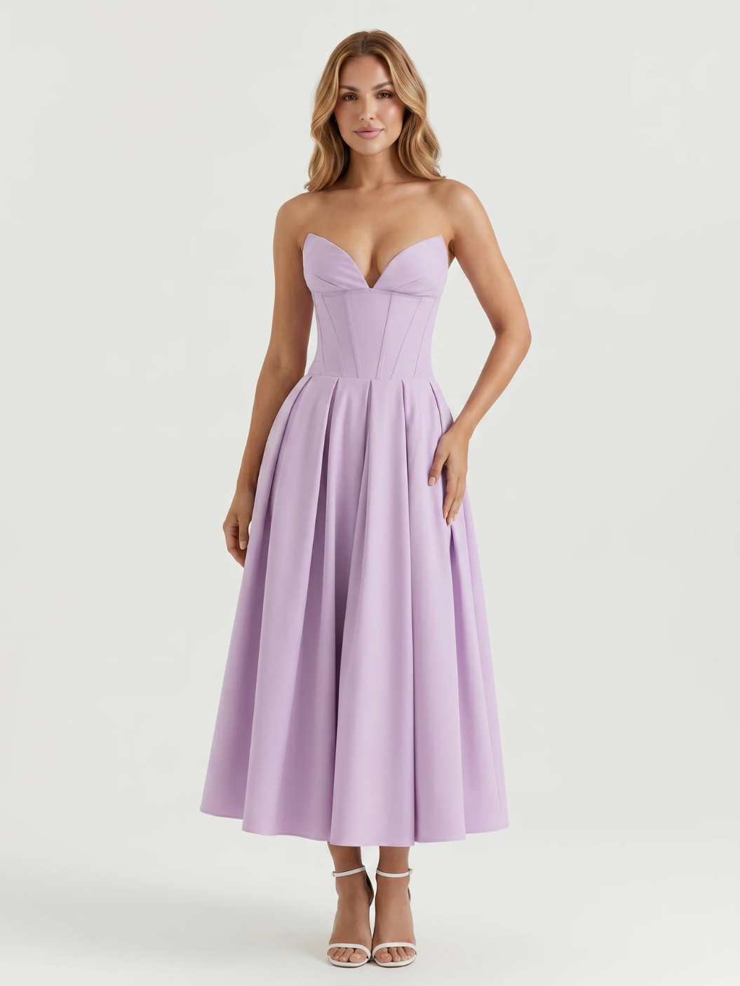 Saskia strapless sweetheart midi dress with full skirt in Black — back view