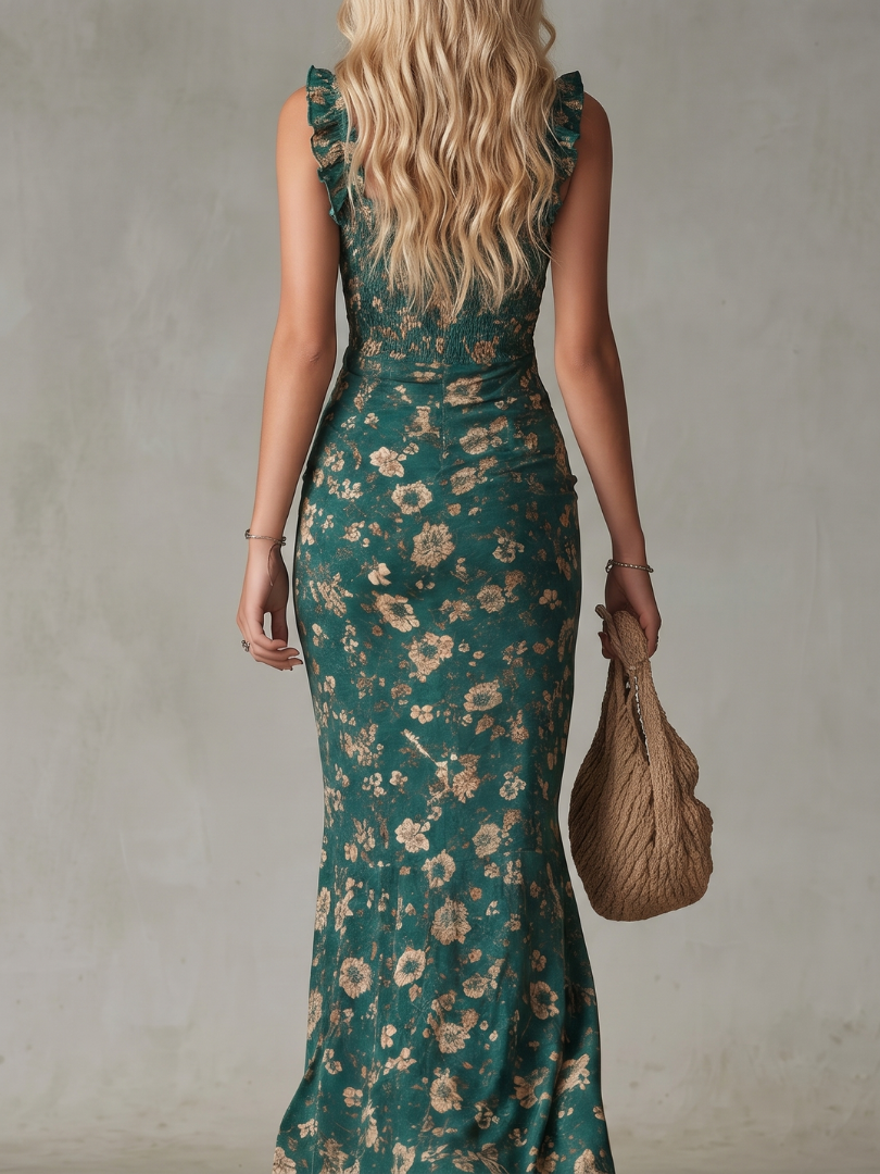 Cilla smocked floral ruffle-strap maxi dress with split — styled view