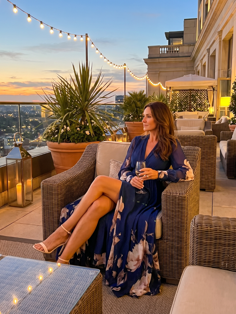 Ziva sheer-sleeve pleated floral maxi dress — styled view
