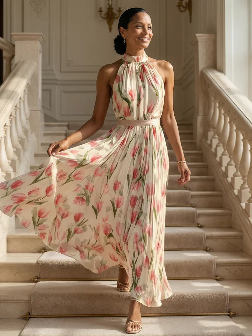 Aurelle floral pleated halterneck maxi dress — styled view