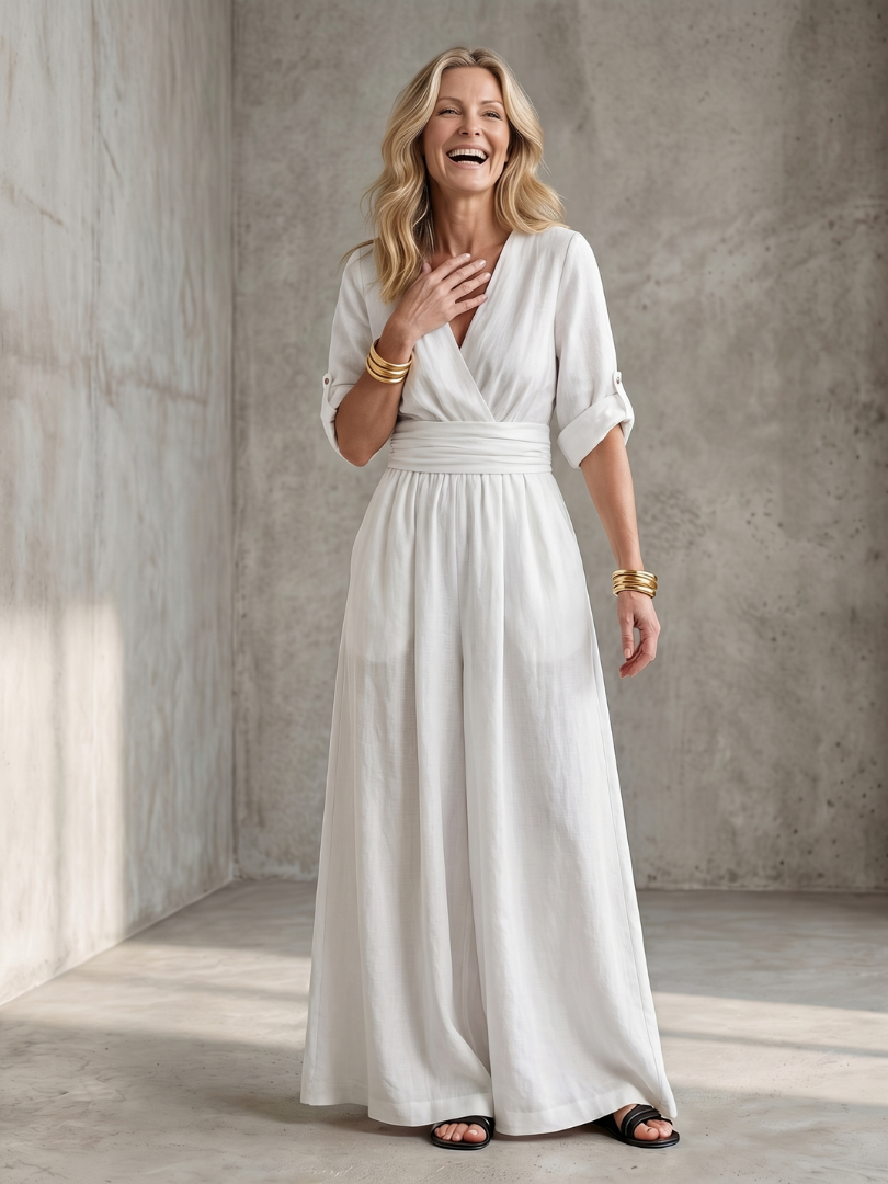Wanda crossover wide-leg palazzo jumpsuit — detail view