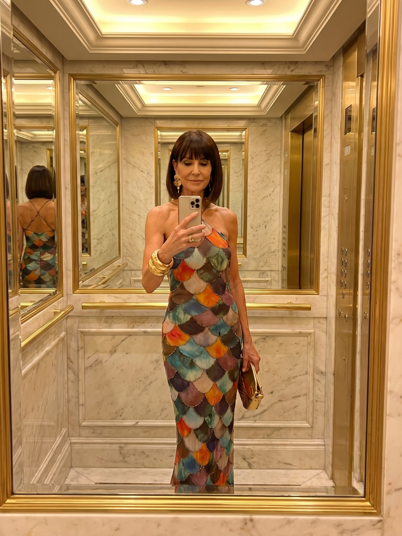 Larkin mosaic print halterneck column maxi dress — styled view